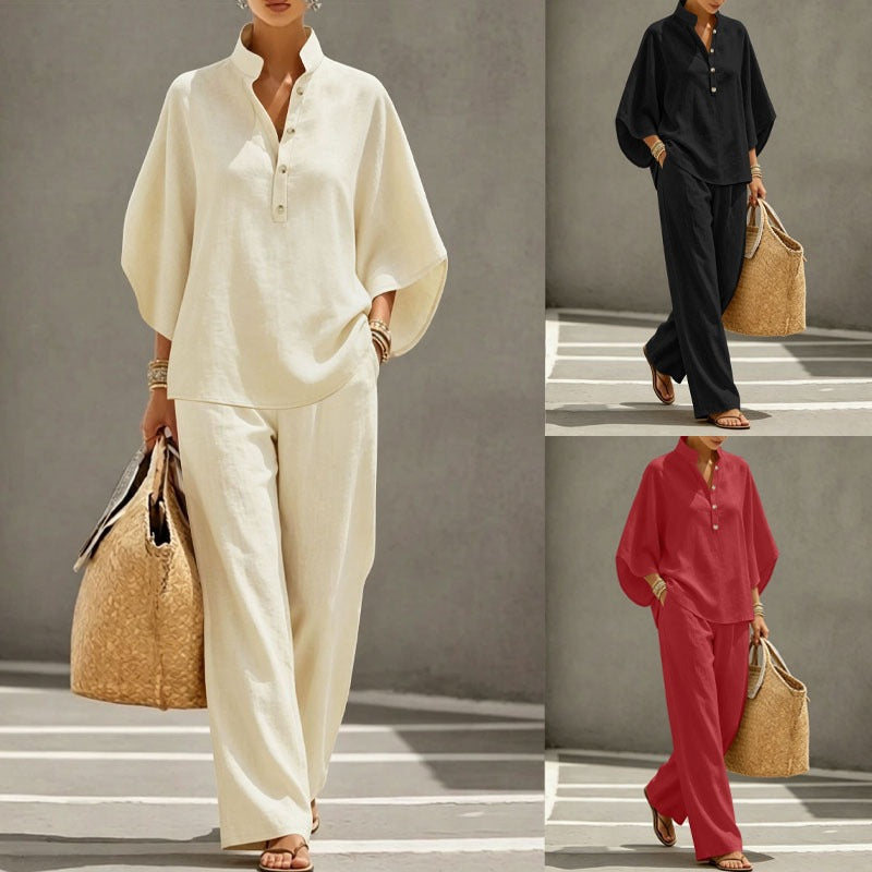 Damen Leichtes Jersey-Set mit Oversize-Henleybluse, Kimonoärmeln und weiter Bundhose Shop Nory