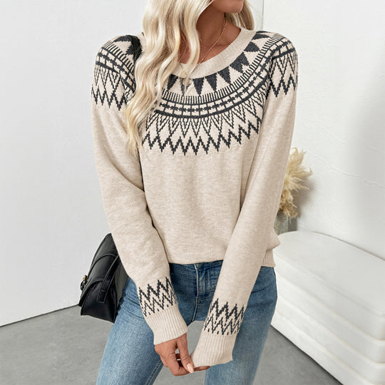 Damen Norweger-Statement Strickpullover mit Rundhalsausschnitt, Jacquard-Yoke und verlängerten Bündchen Shop Nory