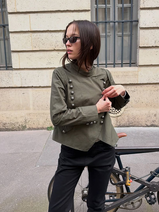 Damen Militärinspirierte Kurzjacke mit Stehkragen und Zierknopfleiste Shop Nory