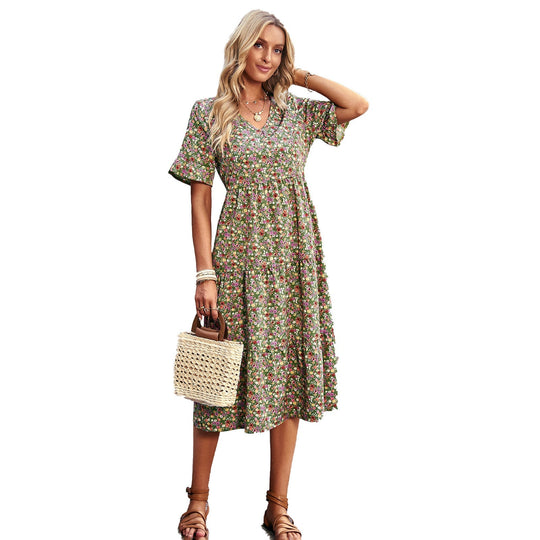 Damen Midi-Kleid mit Floralem Muster und Verspieltem V-Ausschnitt