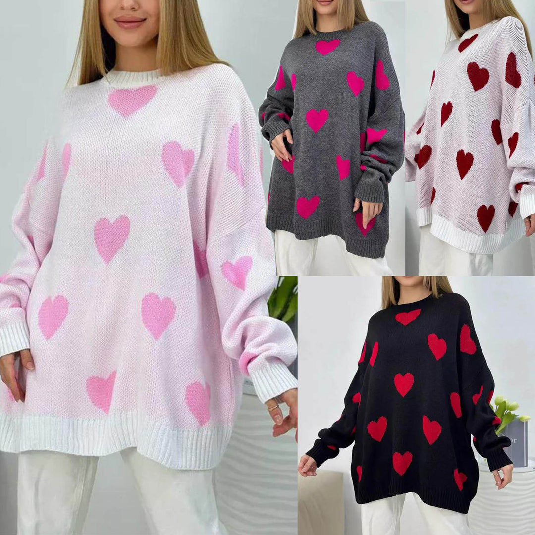 Damen Oversize Strickpullover mit Herz‑Motiv, Rippbündchen & weiter Silhouette Shop Nory