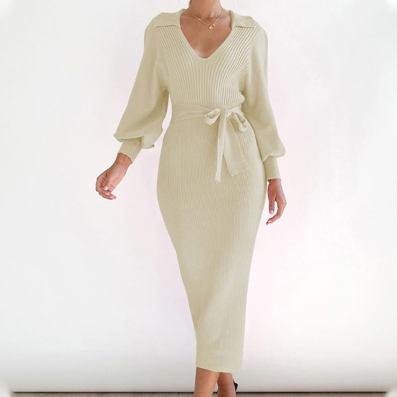 Damen Figurbetontes Rippstrick Midikleid mit V Ausschnitt Schalkragen Ballonärmeln und Bindegürtel Shop Nory