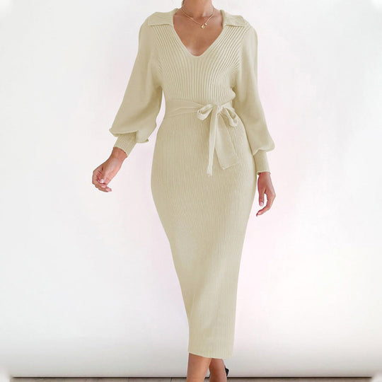 Damen Figurbetontes Rippstrick Midikleid mit V Ausschnitt Schalkragen Ballonärmeln und Bindegürtel Shop Nory