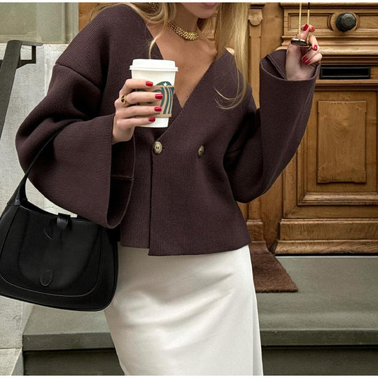 Damen Strickjacke Wickeloptik mit tiefem V-Ausschnitt und Glockenärmeln Shop Nory