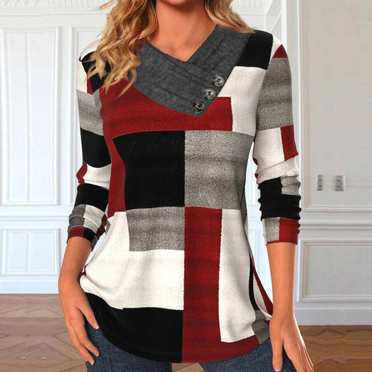 Damen Longsleeve-Tunika mit geometrischem Colorblock und asymmetrischem Knopf-V-Ausschnitt Shop Nory