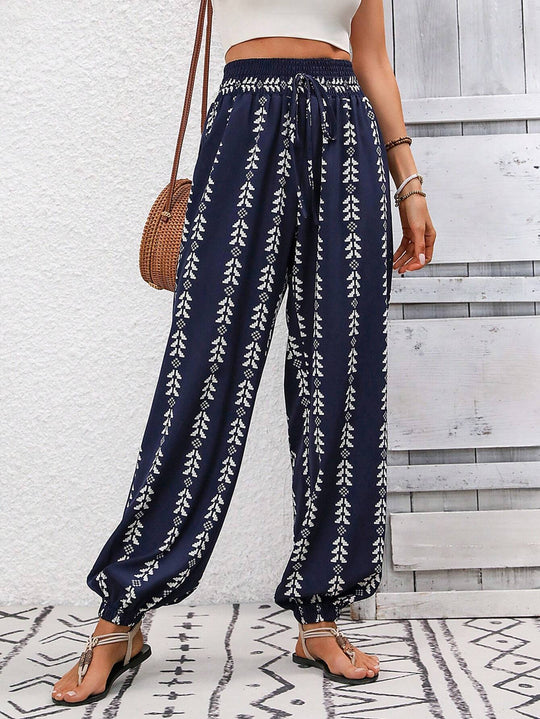 Damen Locker geschnittene Leinenoptik-Hose mit Smokbund, Kordelzug und Ethno-Print Shop Nory