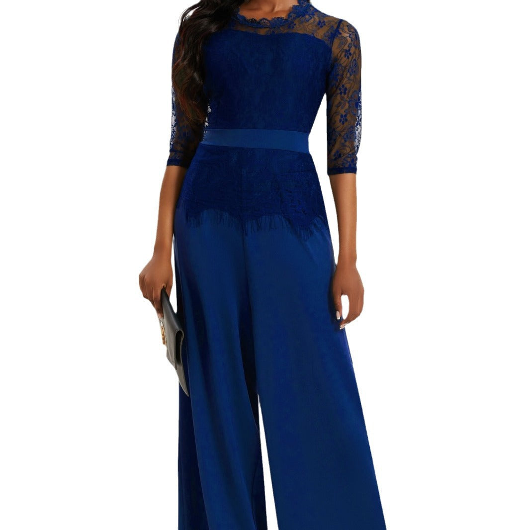 Eleganter Damen Jumpsuit mit Spitzenärmeln und Weitem Bein | Shopnory