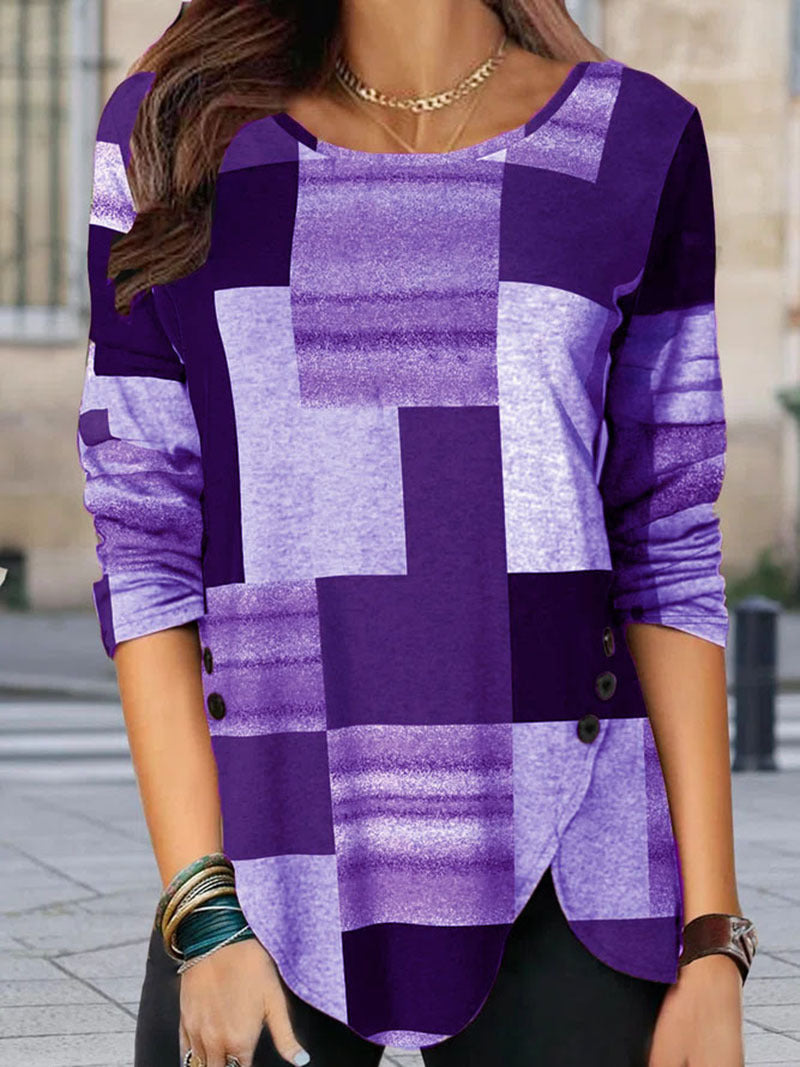 Damen gemustertes Langarm-Tunika-Shirt mit asymmetrischem Saum und dekorativer Knopfleiste Shop Nory
