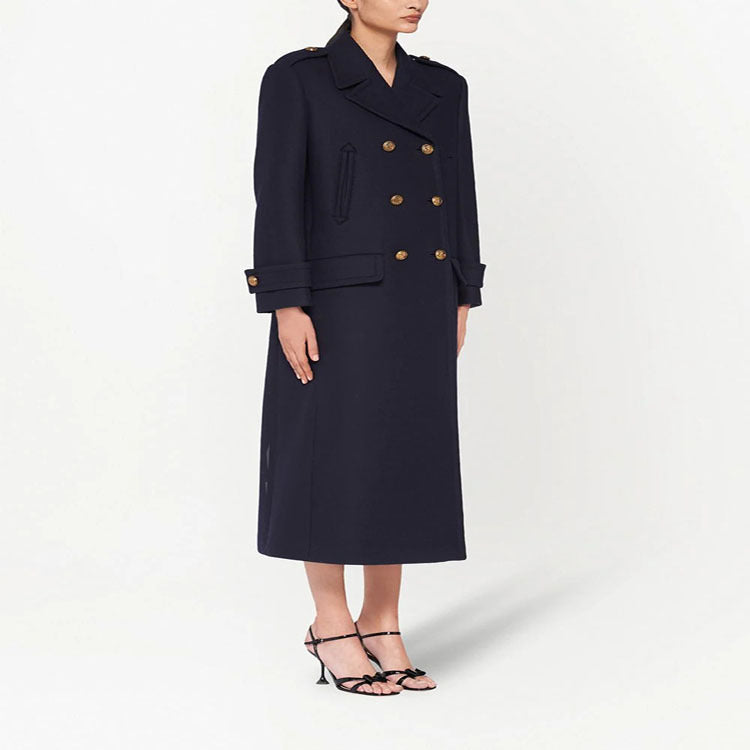 Damen Doppelreihiger militärinspirierter Maxi‑Wollmantel mit Epauletten und Zierriegeln Shop Nory