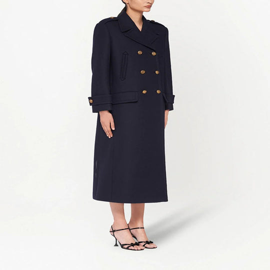 Damen Doppelreihiger militärinspirierter Maxi‑Wollmantel mit Epauletten und Zierriegeln Shop Nory