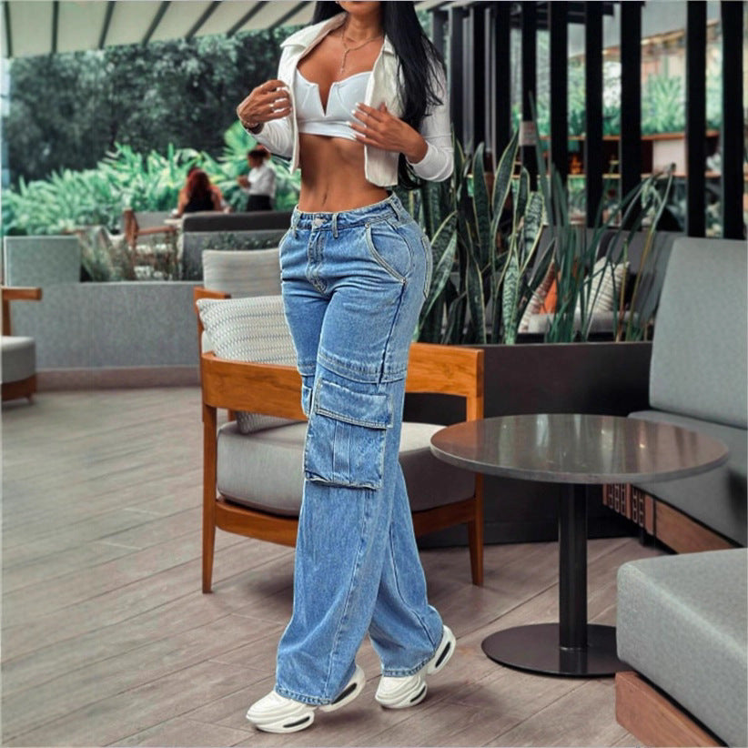 Damen lässige Cargo-Denim-Baggyhose mit extragroßen Klappentaschen und geradem Bein Shop Nory