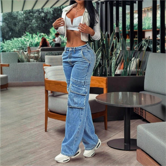 Damen lässige Cargo-Denim-Baggyhose mit extragroßen Klappentaschen und geradem Bein Shop Nory