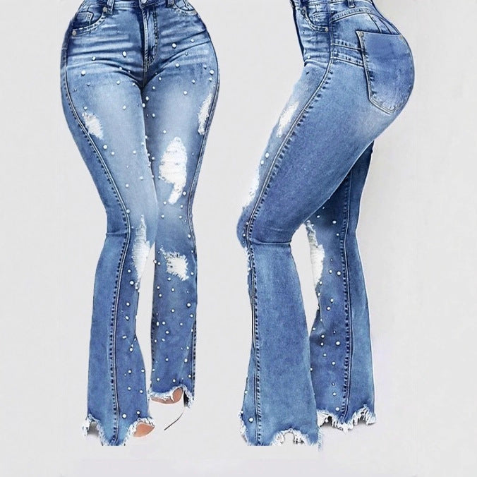 Damen Perlenbesetzte High-Waist Flared-Jeans mit Destroyed-Details und rohem Saum Shop Nory