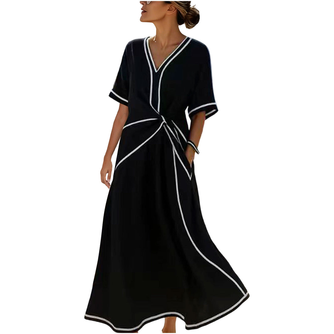 Damen Langes A-Linienkleid mit V‑Ausschnitt, Knoten-Detail und Kontrastpaspel Shop Nory