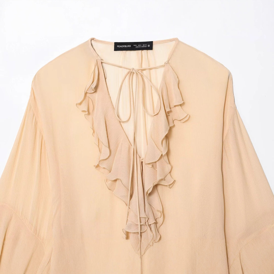Damen Fließende Chiffon-Rüschentunika mit Volantärmeln und Bindeband Shop Nory