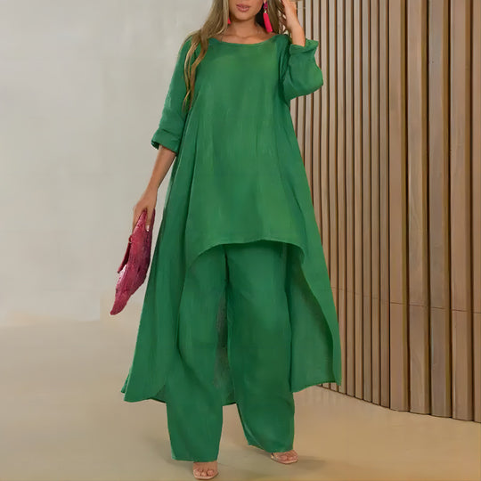 Damen luftiges Leinen‑Mix Tunika‑Set mit weitem Palazzohose Shop Nory