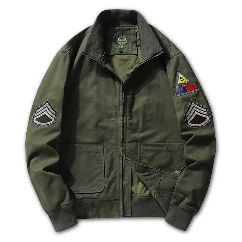 Herren Military-inspirierte Canvas-Bomberjacke mit Aufnähern, Stehkragen und Utility-Taschen Shop Nory