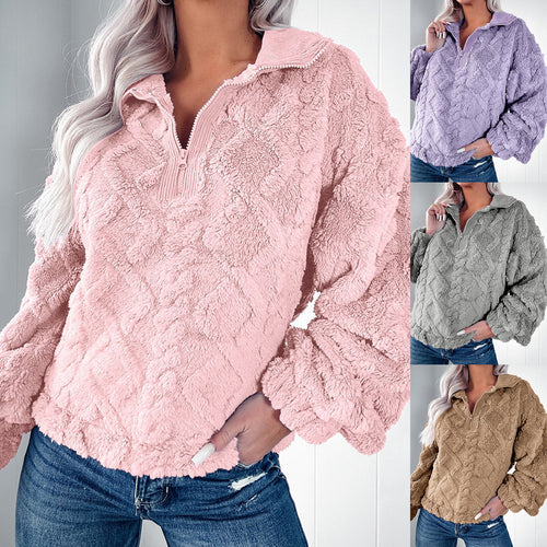Damen nan Plüsch-Sherpa-Pullover mit halbem Reißverschluss, Stehkragen und oversized Silhouette Shop Nory
