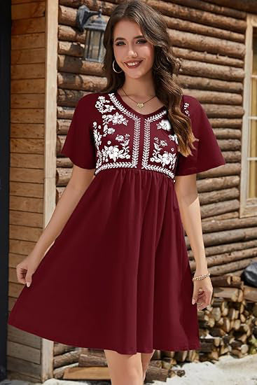 Damen Besticktes Empire-Kleid mit V-Ausschnitt, Kurzärmeln und ausgestelltem Rock Shop Nory
