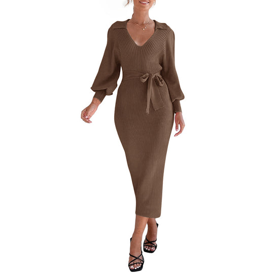 Damen Figurbetontes Rippstrick Midikleid mit V Ausschnitt Schalkragen Ballonärmeln und Bindegürtel Shop Nory