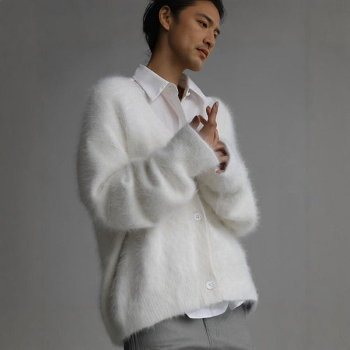 Damen Flauschige Mohair-Optik Strickjacke mit V-Ausschnitt und Oversize-Schnitt Shop Nory