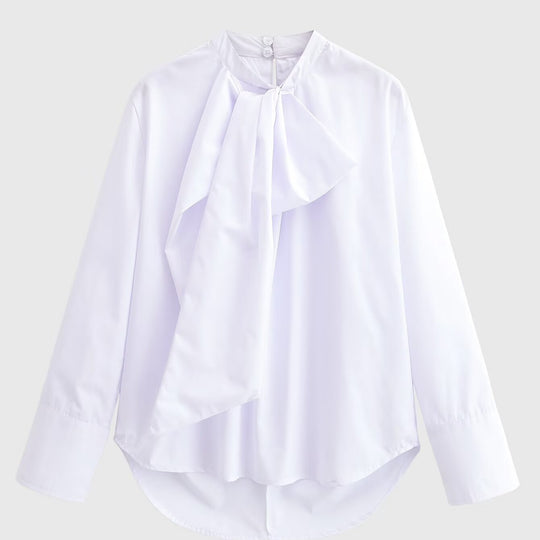 Damen Seidige Schluppenbluse mit Zierschal und verlängertem Rückensaum Shop Nory