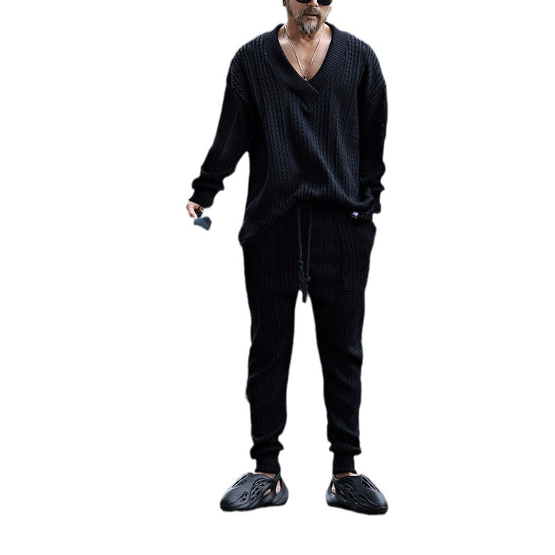 Herren Strukturiertes Strick-Loungewear-Set mit V-Ausschnitt und Tunnelzug-Jogginghose Shop Nory