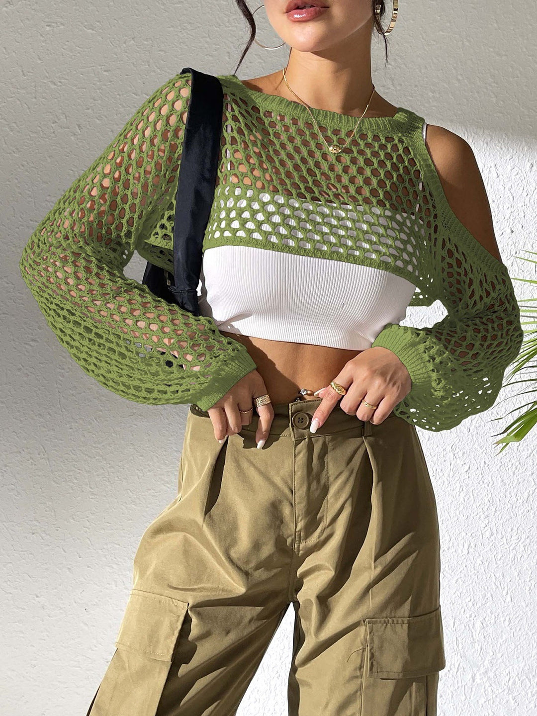 Damen gestricktes Netzoberteil mit offenen Schultern und modischem Design