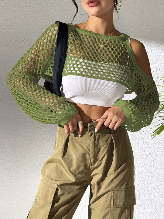 Damen gestricktes Netzoberteil mit offenen Schultern und modischem Design