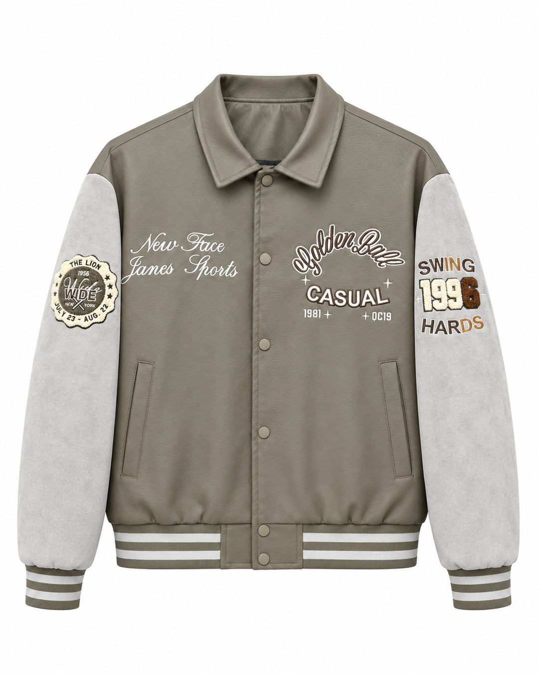 Herren Varsity-Lederoptik Collegejacke mit Kontrastärmeln, gestickten Patches und geripptem Saum Shop Nory