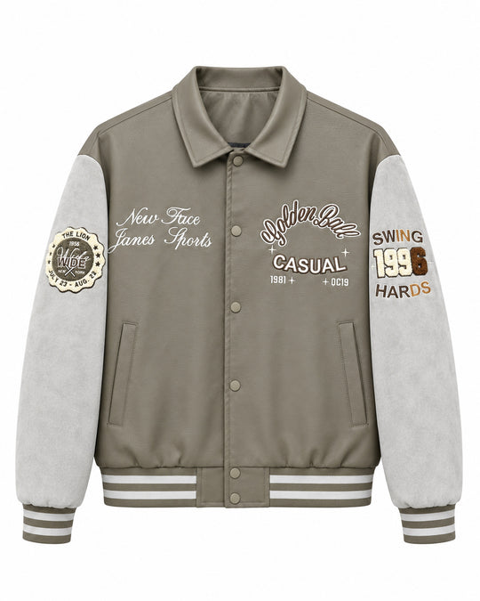 Herren Varsity-Lederoptik Collegejacke mit Kontrastärmeln, gestickten Patches und geripptem Saum Shop Nory