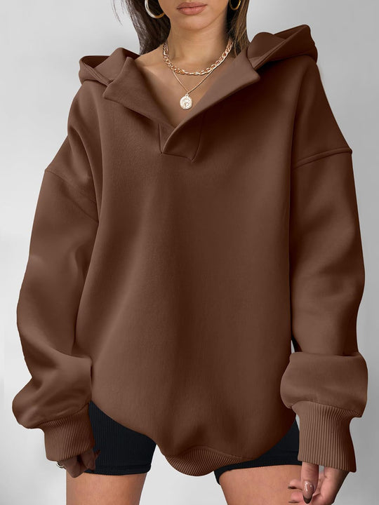 Damen Oversize-Kapuzenpullover aus schwerem Sweatstoff mit V‑Ausschnitt‑Detail und langen Rippbündchen Shop Nory