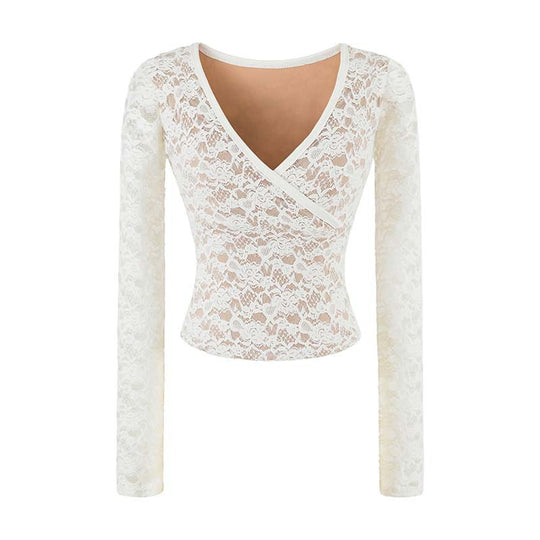 Damen Figurbetontes Spitzentop mit Wickel‑V‑Ausschnitt und langen Ärmeln Shop Nory