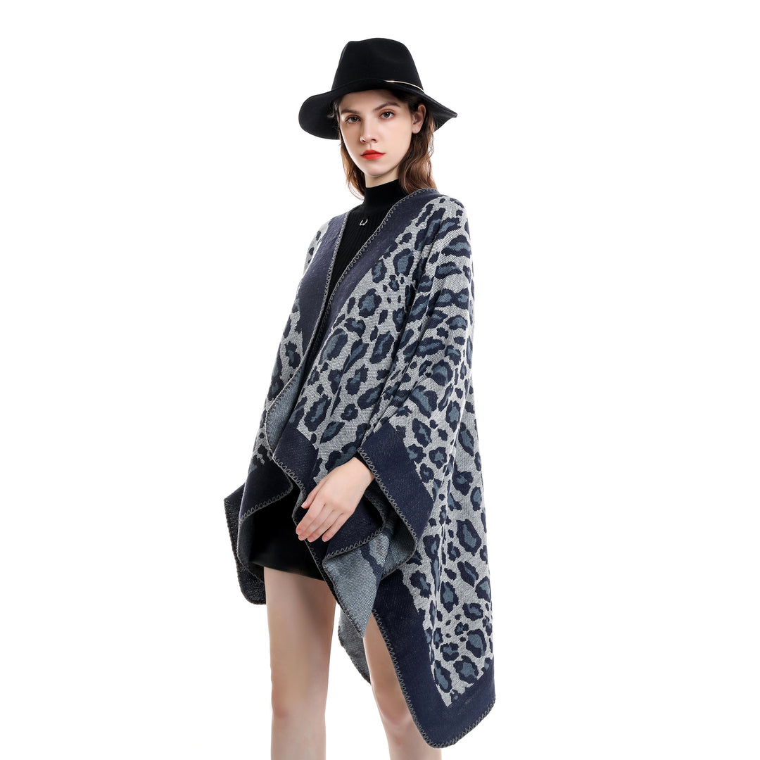 Damen Grobgewebter Jacquard‑Umhang mit Leo‑Print und offener Kimono‑Silhouette Shop Nory