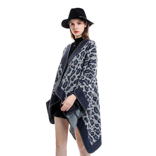 Damen Grobgewebter Jacquard‑Umhang mit Leo‑Print und offener Kimono‑Silhouette Shop Nory