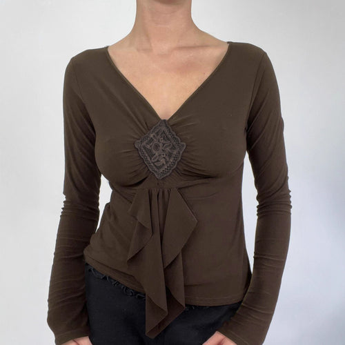 Damen nan figurbetontes Langarmshirt mit Drapé-Vorderteil und gehäkelter Mittelapplikation Shop Nory