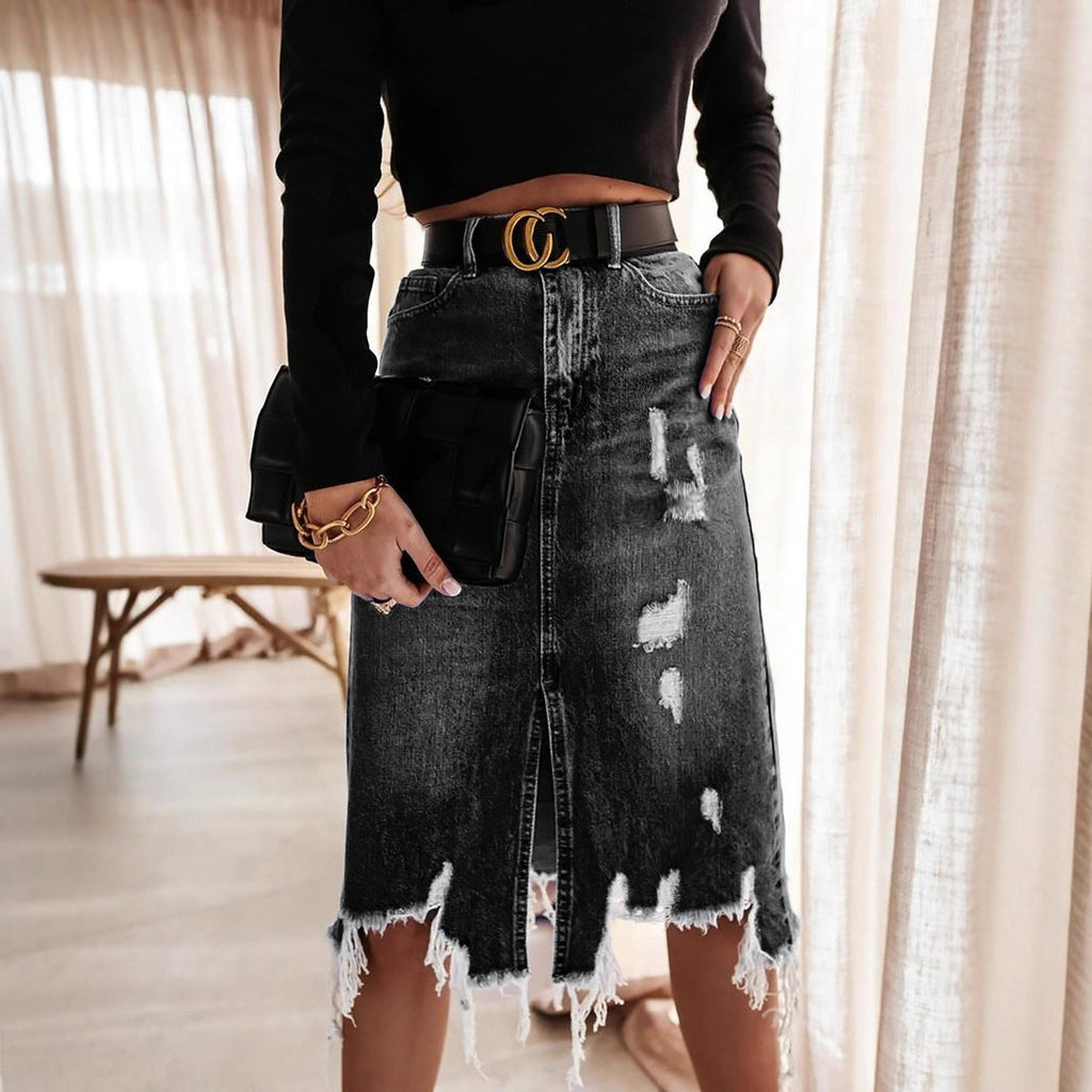 Damen Midi-Denimrock mit fransigem Saum und vertikalem Schlitz
