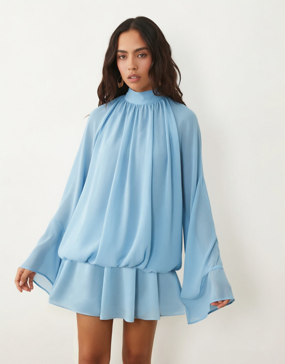 Damen Chiffon-Minikleid mit geraffter Blusentunika, Stehkragen und Volantrock Shop Nory