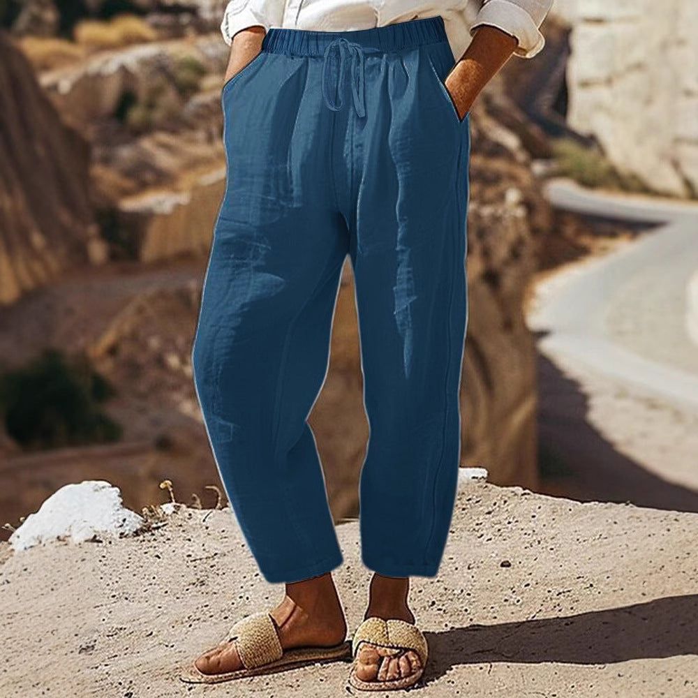 Damen Casual-Chino Leinenoptik Culotte mit elastischem Tunnelzugbund und Eingrifftaschen Shop Nory