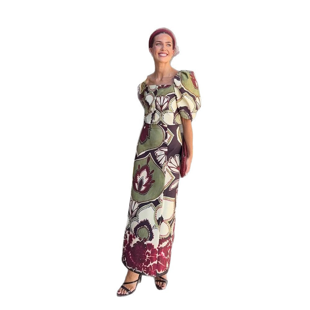 Damen Maxikleid-Set mit Puffärmeln, tailliertem Midriff und floral-geometrischem Print Shop Nory