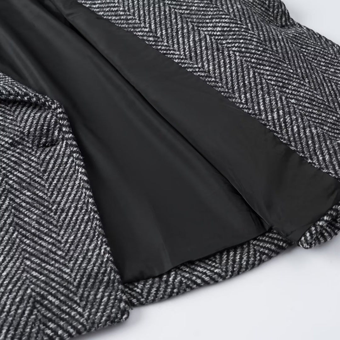 Damen Kurze Doppelreihige Fischgrät-Tweedjacke mit Reverskragen Shop Nory