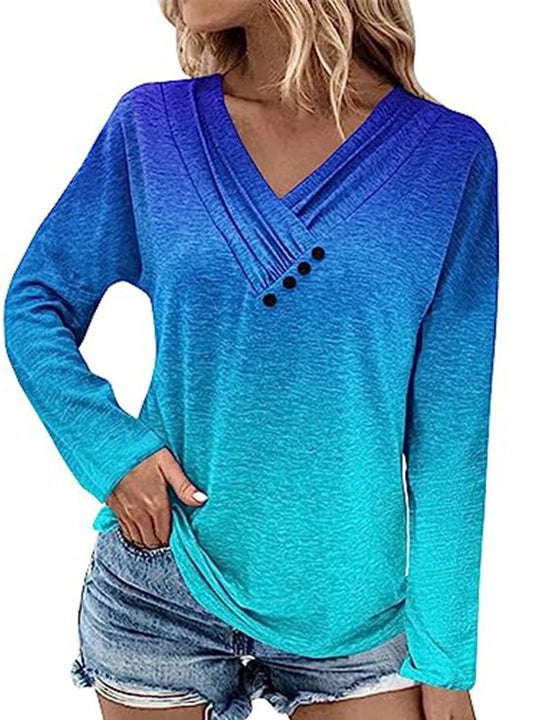 Damen Gerippter V-Ausschnitt Pullover mit Farbverlauf, Zierknöpfen und legerer Passform Shop Nory
