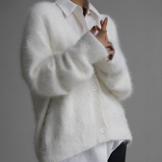 Damen Kuscheliger Oversize-Cardigan aus Teddy-Strick mit tiefem V-Ausschnitt Shop Nory
