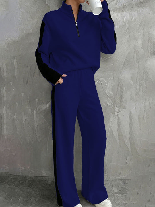 Damen Zweiteiliges Lounge‑Set mit Halbreißverschluss, Kontraststreifen und weitem Palazzo‑Schnitt Shop Nory