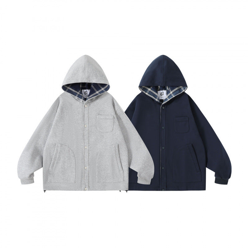 Unisex Oversize-Kapuzen-Überjacke mit kariert gefütterter Kapuze und Druckknopfleiste Shop Nory
