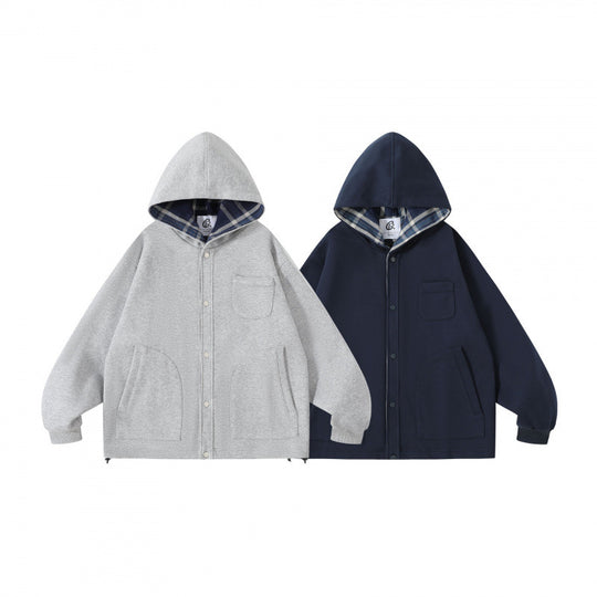Unisex Oversize-Kapuzen-Überjacke mit kariert gefütterter Kapuze und Druckknopfleiste Shop Nory