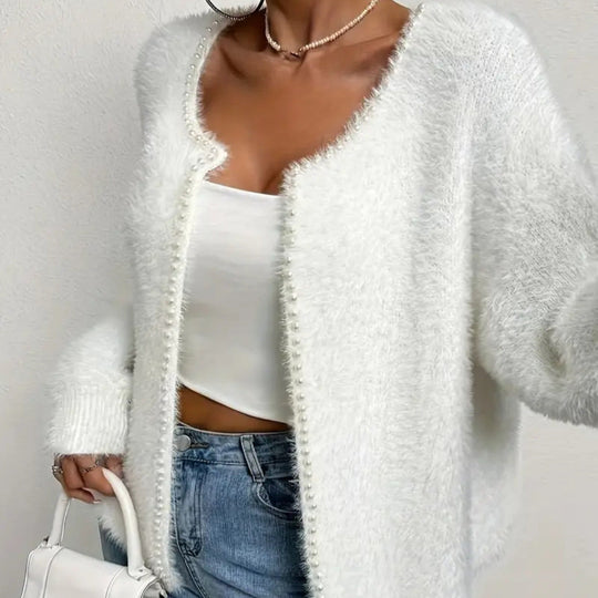 Damen Flauschiger Cardigan mit Perlknöpfen und lässigem Schnitt
