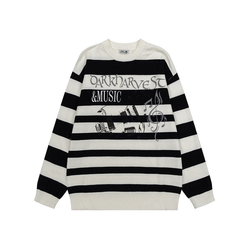 Damen Gestreifter Oversize-Strickpullover mit Rundhals und Musik-Grafik Shop Nory