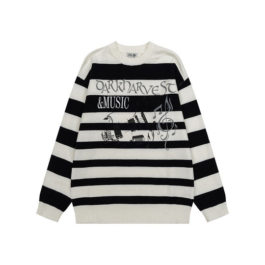 Damen Gestreifter Oversize-Strickpullover mit Rundhals und Musik-Grafik Shop Nory