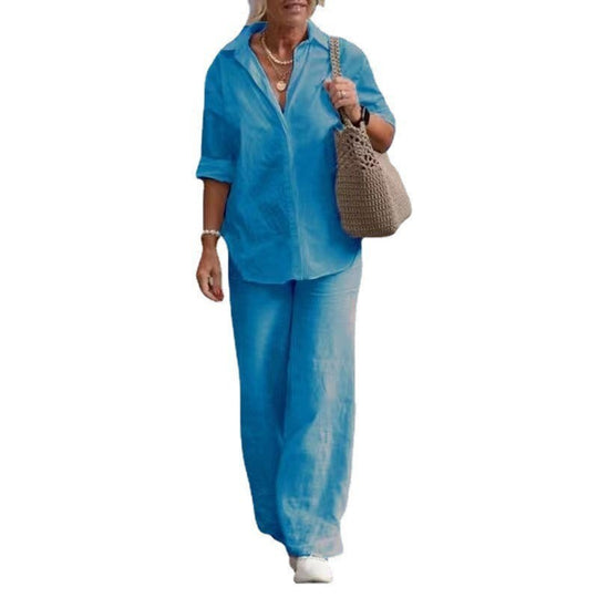 Damen Leichtes Leinen-Optik Zweiteiler mit Oversize-Hemd und weiter Palazzohose Shop Nory